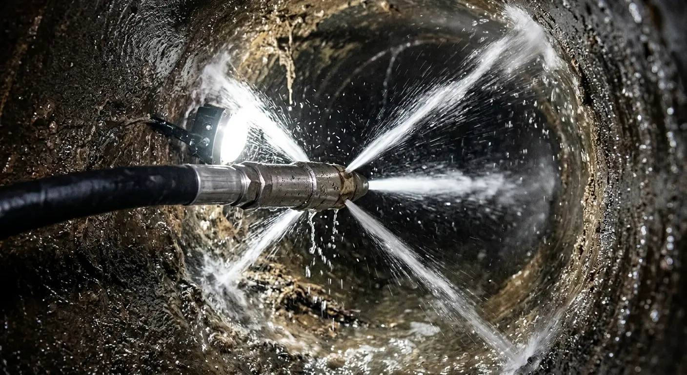 High-pressure hydro jetting nozzle cleaning sewer pipe for Trenchless Sewer Repair in Camden