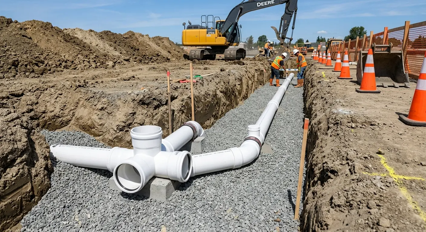 New PVC sewer pipe installation in open trench for Commercial Drain Cleaning in Camden