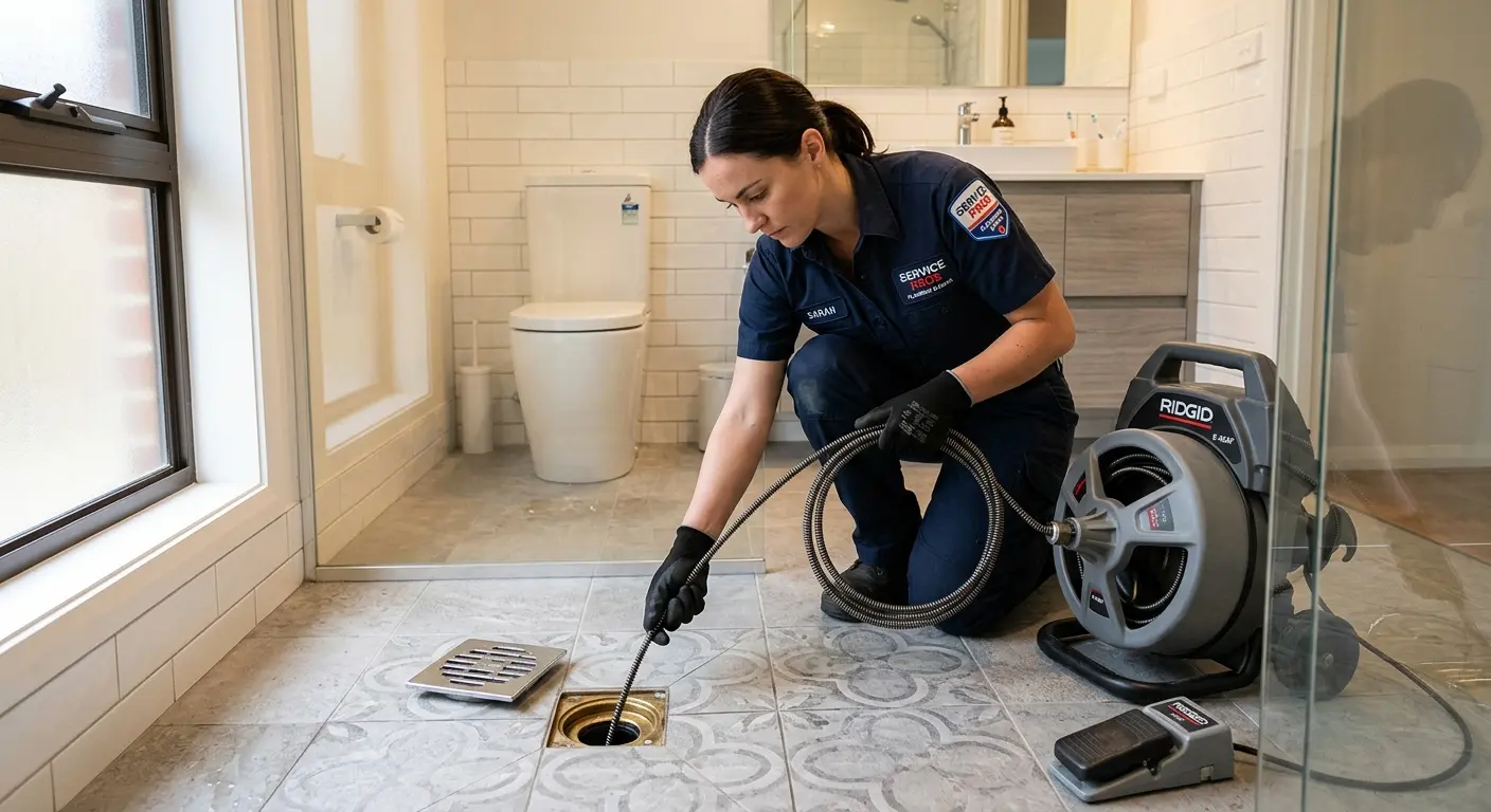 Technician clearing a bathroom floor drain for Drain Cleaning in Camden